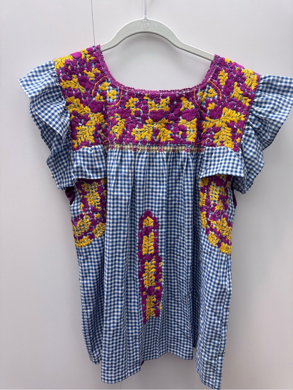Mi Golondrina Blue Gingham Top with Magenta and Yellow Embroidery